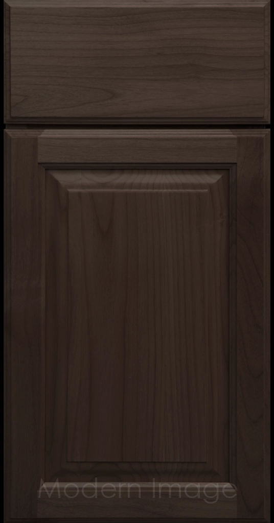 Cocoa stained Hampton raised panel kitchen cabinets with flat slab drawer fronts.